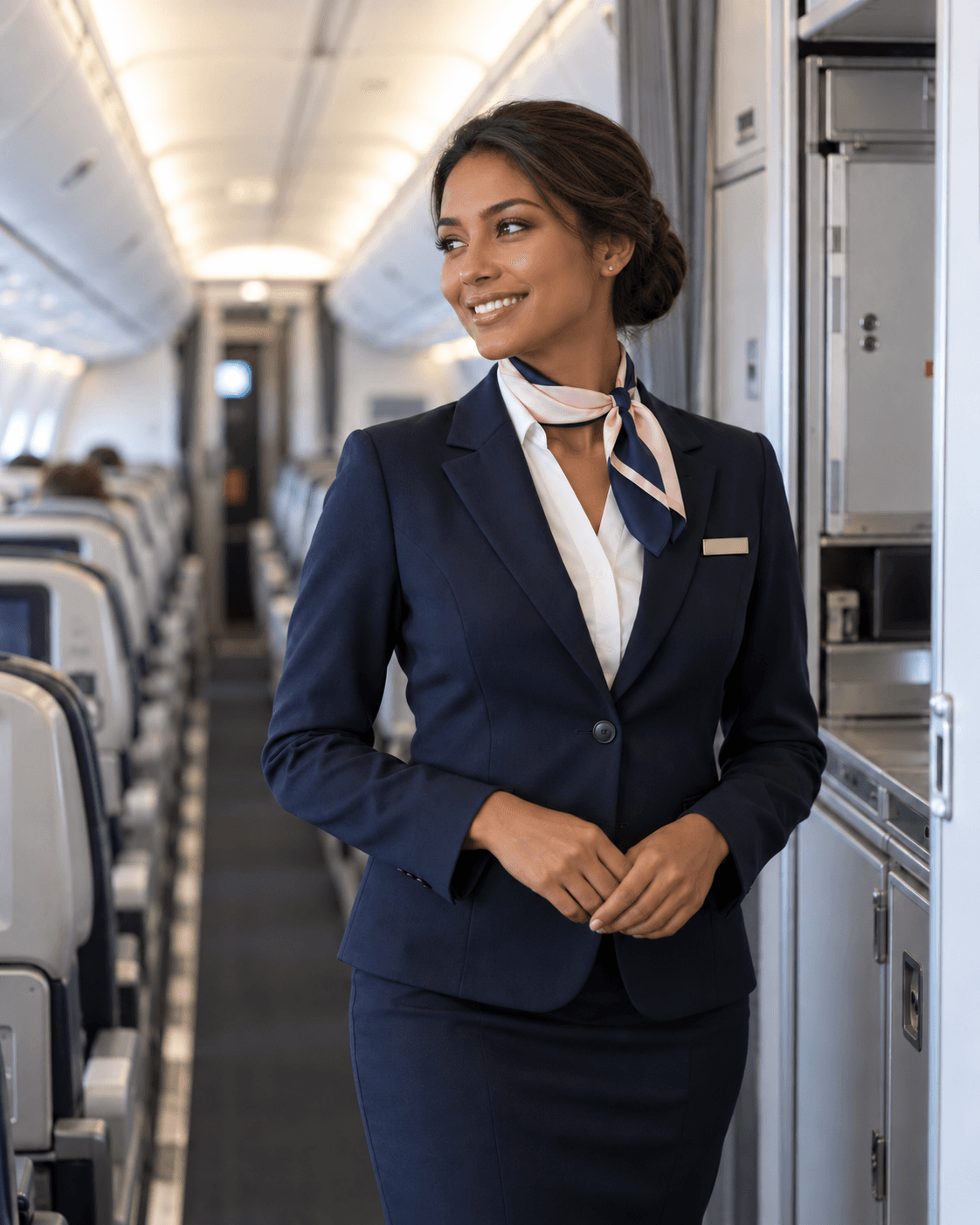 Flight attendant smiling in an aircraft cabin